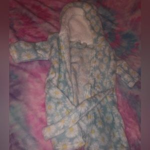 baby girl bathrobe after bath hairy light blue with flowers